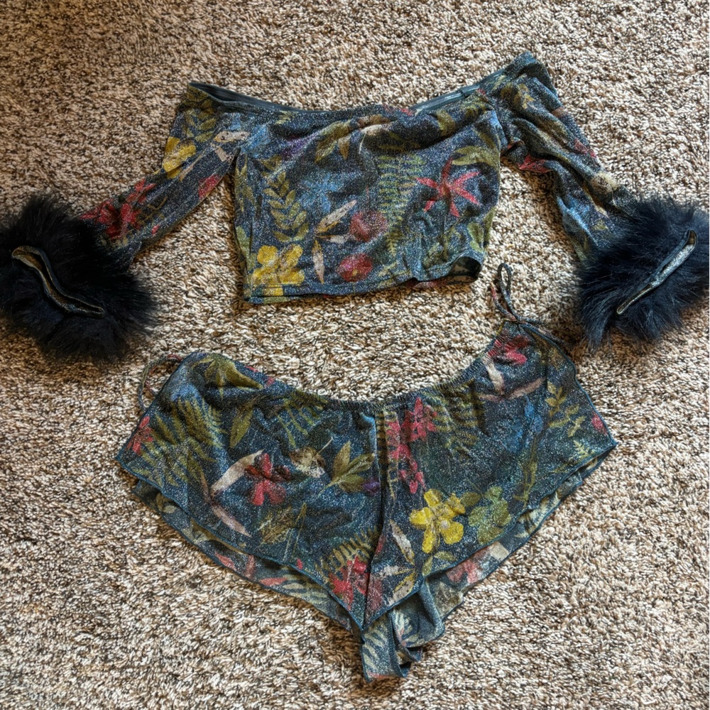 Savage X Fenty Floral Mesh Set with Black Fur Cuffs